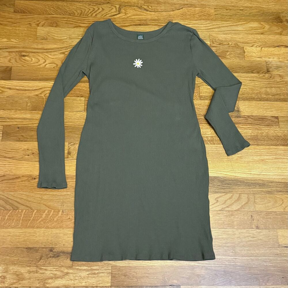 Wild Fable Women Large Green Ribbed Long Sleeve Midi Dress Floral Retro 90s Y2K
